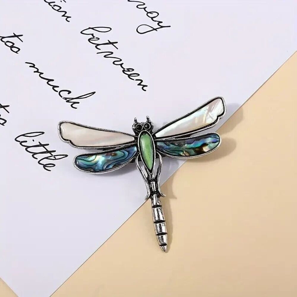 Rainbow Mother of Pearl Silvertone Dragonfly Large Brooch New‎ 2.4 x 2 inch